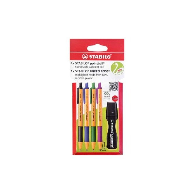 Stabilo Ballpoint -STABILO pointball - 4pc + 1 GREEN BOSS Highlighter