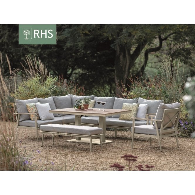 Bramblecrest RHS Wisley Mocha L-Shape Sofa with Rectangle Piston Adjustable Height Table Bench & Chair