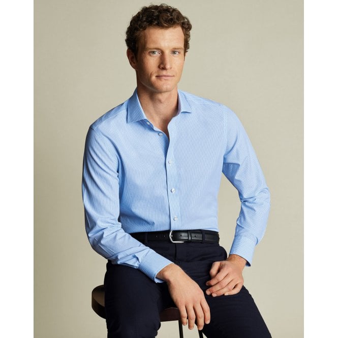 Charles Tyrwhitt Cornflower Blue Cutaway Collar Non-Iron Stretch Poplin Bengal Stripe Slim Fit Shirt
