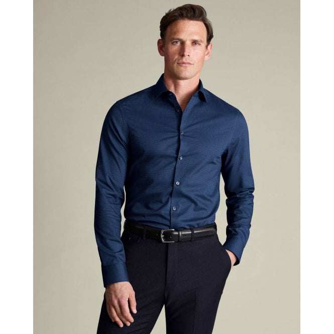 Charles Tyrwhitt Denim Blue Non-Iron Stretch Chevron Texture Slim Fit Shirt