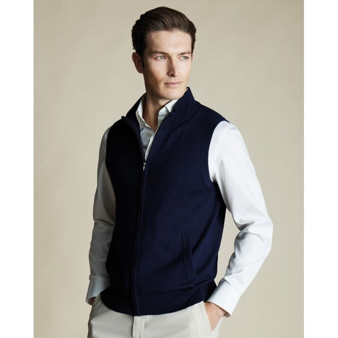 Charles Tyrwhitt Navy Blue Pure Merino Zip Through Gilet