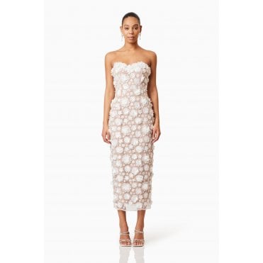 Bluebell Strapless 3D Midi Dress in White