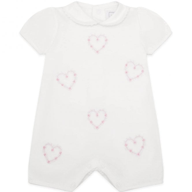 Emile et Rose White jersey Romper with emb floral hearts & collar