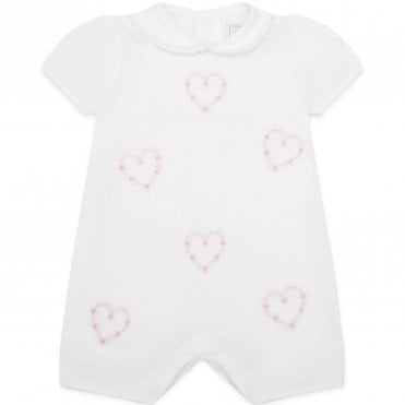 White jersey Romper with emb floral hearts & collar