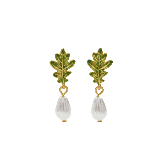 Fable England Oak Leaf Pearl Drop Gold Earrings