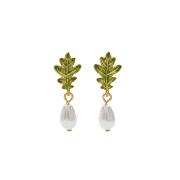Oak Leaf Pearl Drop Gold Earrings