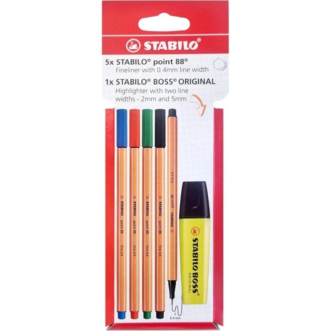 Stabilo Fineliner -STABILO point 88 - 5pc + 1 BOSS Highlighter Yellow