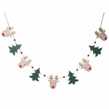 Wood Deer Head/Trees String Garland   (LxWxD) 123x9x1cm