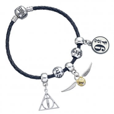 Harry Potter Charm Set- Black Leather Bracelet with Deathly Hallows  Golden Snitch  Platform 9 3/4 & 2 Spellbead charms