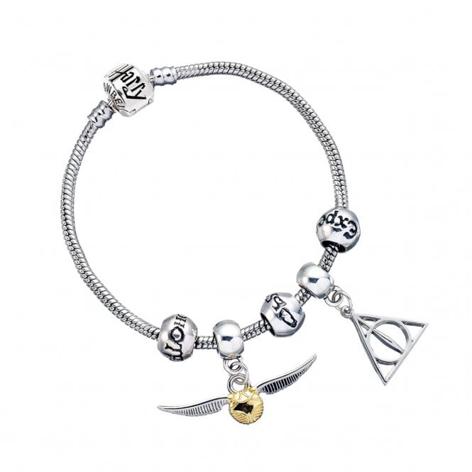 Harry Potter Charm Set- Silver Plated Braceletwith Deathly Hallows  Golden Snitch  3 Spell Bead charms