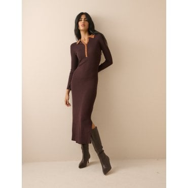 Ribbed Contrast Polo Midi Dress