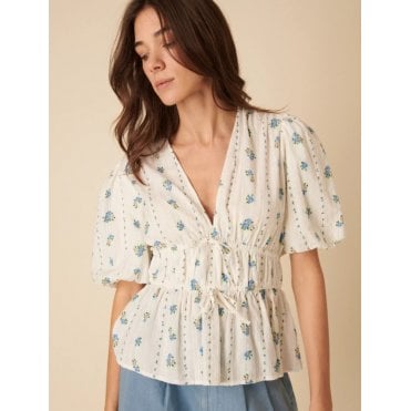 White Floral Printed Tie Detail Blouse