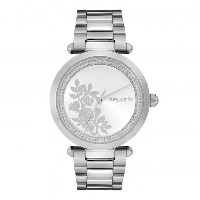 Olivia Burton Signature - 34mm Floral T-Bar White & Silver Bracelet Watch