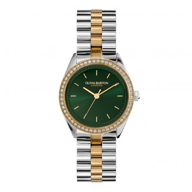 Olivia Burton Sports Luxe - 34mm Bejewelled Forest Green & Two Tone Bracelet Watch
