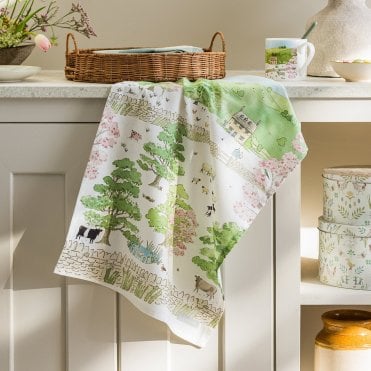 Spring Cottage Scene Tea Towel