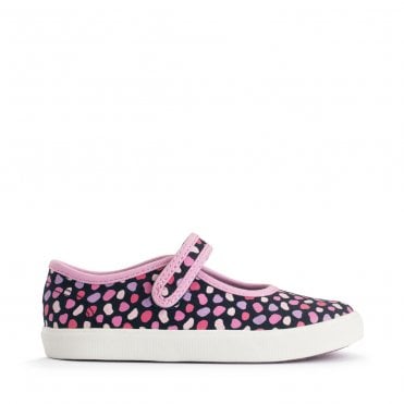 Busy Lizzie Navy/pink splash girls single bar rip-tape canvas shoes