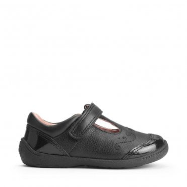 Dazzle Black leather/patent girls rip-tape t-bar first school shoes