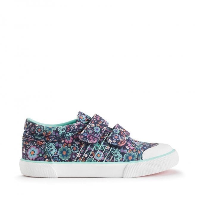 Start Rite Garden Navy Floral Print Girls Rip-Tape Closed Canvas Shoes