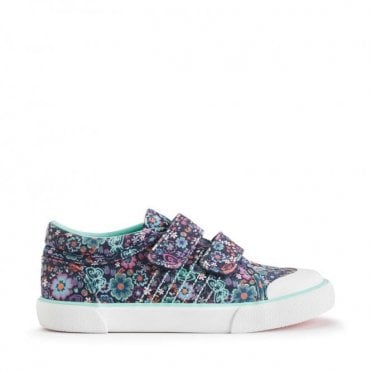 Garden Navy Floral Print Girls Rip-Tape Closed Canvas Shoes