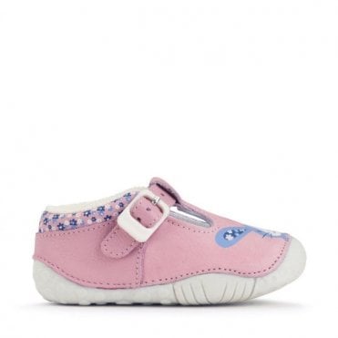 Little Paws Pink Nubuck/Leather Bunny Girls T-Bar Buckle Pre-Walking Shoes