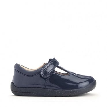 Puzzle Navy Blue Patent Girls Rip-Tape T-Bar First Walking Shoes