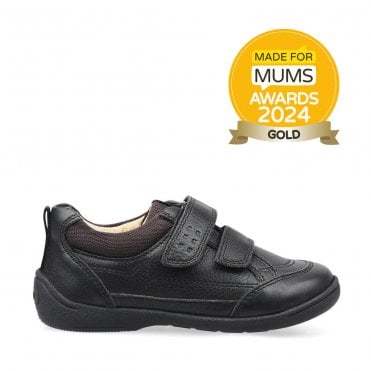 Zigzag Black Leather Boys Rip-Tape First School Shoes