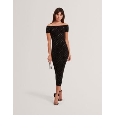 Jestaa Diamante Knit Bardot Bodycon Midi Dress