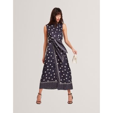Malmoa Polka Dot Tie Detail Column Midi Dress