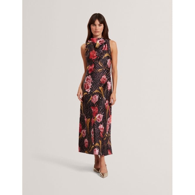 Ted Baker Twilli Floral Check Cowl Neck Satin Midi Dress