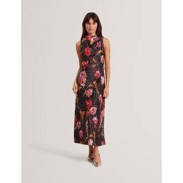 Twilli Floral Check Cowl Neck Satin Midi Dress