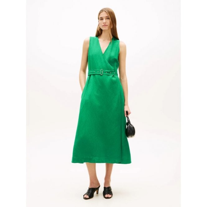 Tommy Hilfiger Belted Linen Blend Sleeveless Wrap Midi Dress
