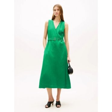 Belted Linen Blend Sleeveless Wrap Midi Dress
