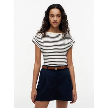Gold-Tone Button Boat Neck T-Shirt