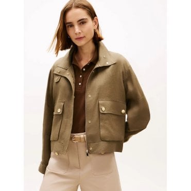 Gold-Tone Button Linen Utility Jacket
