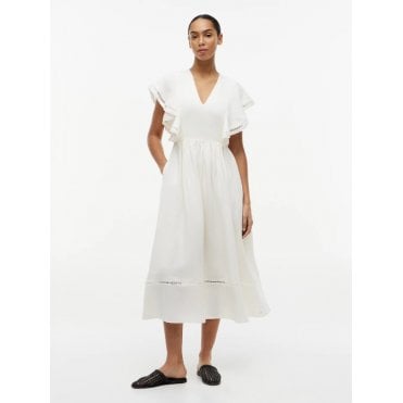 Linen Blend Frill Sleeve Midi Dress