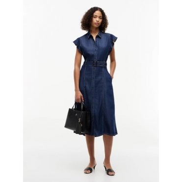 Volant Denim Fit & Flare Midi Dress