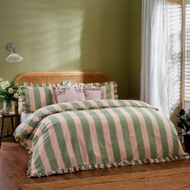 Birdie Stripe Ruffle Duvet Cover Set
